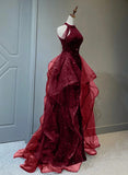 A-line Sequins with Tulle Wine Red Long Party Dress, Wine Red Halter Prom Dress HZ1024