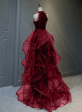A-line Sequins with Tulle Wine Red Long Party Dress, Wine Red Halter Prom Dress HZ1024