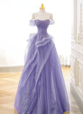 Purple A-line Tulle Off Shoulder Long Prom Dress, Purple Lace Evening Dress HZ1024