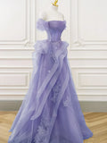 Purple A-line Tulle Off Shoulder Long Prom Dress, Purple Lace Evening Dress HZ1024