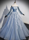Blue Ball Gown Long Sleeves Beaded Party Dress, Blue Prom Dress Sweet 16 Dress HZ1024