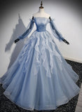 Blue Ball Gown Long Sleeves Beaded Party Dress, Blue Prom Dress Sweet 16 Dress HZ1024