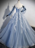 Blue Ball Gown Long Sleeves Beaded Party Dress, Blue Prom Dress Sweet 16 Dress HZ1024