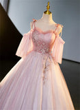 Pink Tulle Off Shoulder Beaded A-line Prom Dress, Pink Tulle Long Party Dress HZ1024