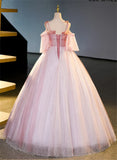 Pink Tulle Off Shoulder Beaded A-line Prom Dress, Pink Tulle Long Party Dress HZ1024