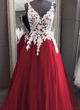 Wine Red Tulle with White Lace V-neckline Prom Dress, Wine Red Long Evening Dress HZ1024