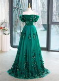 Green Off Shouldr Ball Gown Flowers Tulle Formal Dress, Green Floor Length Party Dress HZ1024