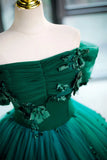 Green Off Shouldr Ball Gown Flowers Tulle Formal Dress, Green Floor Length Party Dress HZ1024