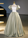 Green Short Sleeves Ball Gown Satin Long Sweetheart Dress, Green Long Formal Dress HZ1024