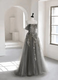 Grey Sweetheart Off Shoulder Tulle Long Party Dress, A-line Grey Prom Dress Evening Dress HZ1024