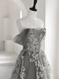 Grey Sweetheart Off Shoulder Tulle Long Party Dress, A-line Grey Prom Dress Evening Dress HZ1024