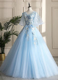 Light Blue Ball Gown V-neckline Puffy Sleeves Party Dress, Light Blue Sweetheart 16 Dress HZ1024