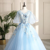 Light Blue Ball Gown V-neckline Puffy Sleeves Party Dress, Light Blue Sweetheart 16 Dress HZ1024