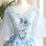 Light Blue Ball Gown V-neckline Puffy Sleeves Party Dress, Light Blue Sweetheart 16 Dress HZ1024