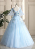 Light Blue Ball Gown V-neckline Puffy Sleeves Party Dress, Light Blue Sweetheart 16 Dress HZ1024