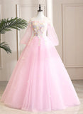 Pink Off Shoulder Tulle Ball Gown Formal Dress, Pink Flowers Party Dress Sweet 16 Dress HZ1024