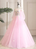 Pink Off Shoulder Tulle Ball Gown Formal Dress, Pink Flowers Party Dress Sweet 16 Dress HZ1024