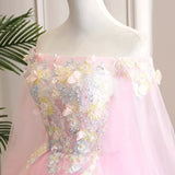 Pink Off Shoulder Tulle Ball Gown Formal Dress, Pink Flowers Party Dress Sweet 16 Dress HZ1024