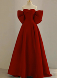 Cute Wine Red Satin Off Shoulder Long Party Dress with Bow, Wine Red Prom Dress HZ1024