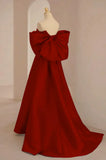 Cute Wine Red Satin Off Shoulder Long Party Dress with Bow, Wine Red Prom Dress HZ1024