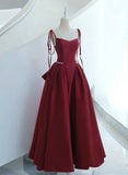 Wine Red Satin Straps Long Evening Dress, Wine Red Long Prom Dress HZ1024