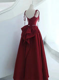 Wine Red Satin Straps Long Evening Dress, Wine Red Long Prom Dress HZ1024