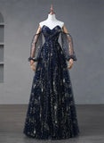 Navy Blue Tulle A-line Long Party Dress Evening Dress, Navy Blue Long Prom Dress HZ1024
