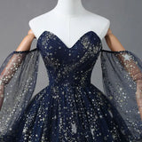 Navy Blue Tulle A-line Long Party Dress Evening Dress, Navy Blue Long Prom Dress HZ1024