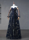 Navy Blue Tulle A-line Long Party Dress Evening Dress, Navy Blue Long Prom Dress HZ1024
