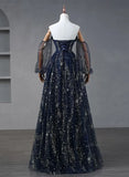Navy Blue Tulle A-line Long Party Dress Evening Dress, Navy Blue Long Prom Dress HZ1024