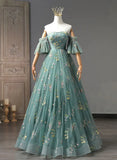Green Floral Straps Sweetheart Long Party Dress, Green Sweet 16 Dress HZ1024