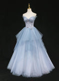 Light Blue Gradient Tulle with Beaded Long Formal Dress, Light Blue Long Prom Dress HZ1024