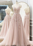 Pink Tulle A-line Long Prom Dress, Pink Tulle with Lace Party Dress Prom Dress HZ1024