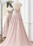 Pink Tulle A-line Long Prom Dress, Pink Tulle with Lace Party Dress Prom Dress HZ1024