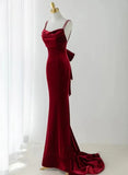 Mermaid Scoop Velvet Long Party Dress, Wine Red Velvet Long Prom Dress Evening Dress HZ1024