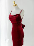 Mermaid Scoop Velvet Long Party Dress, Wine Red Velvet Long Prom Dress Evening Dress HZ1024