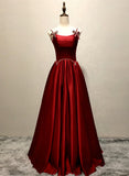 Wine Red Straps Satin Long Party Dress, Wine Red A-line Long Prom Dress HZ1024