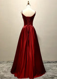 Wine Red Straps Satin Long Party Dress, Wine Red A-line Long Prom Dress HZ1024