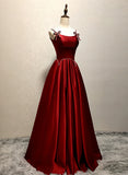 Wine Red Straps Satin Long Party Dress, Wine Red A-line Long Prom Dress HZ1024