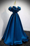 Blue Satin Long Off Shoulder A-line Prom Dress, Blue Sweetheart Evening Dress HZ1024