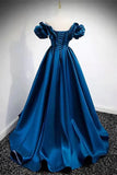 Blue Satin Long Off Shoulder A-line Prom Dress, Blue Sweetheart Evening Dress HZ1024