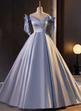 Blue Satin Off Shoulder Long Evening Dress Formal Dress, Blue Satin Prom Dress HZ1024