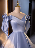 Blue Satin Off Shoulder Long Evening Dress Formal Dress, Blue Satin Prom Dress HZ1024