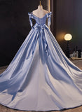 Blue Satin Off Shoulder Long Evening Dress Formal Dress, Blue Satin Prom Dress HZ1024