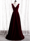 Burgundy Velvet V-neckline Simple Long Party Dress, Burgundy Bridesmaid Dress HZ1024