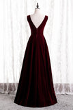 Burgundy Velvet V-neckline Simple Long Party Dress, Burgundy Bridesmaid Dress HZ1024