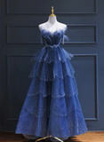 Blue Tulle Beaded Long Senior Prom Dress, A-Line Layers Beaded Long Evening Party Dress HZ1024
