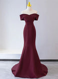 Wine Red Mermaid Lace-up Satin Long Formal Dress, Wine Red Off Shoulder Evening Dress HZ1024