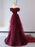 Wine Red Mermaid Lace-up Satin Long Formal Dress, Wine Red Off Shoulder Evening Dress HZ1024