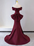 Wine Red Mermaid Lace-up Satin Long Formal Dress, Wine Red Off Shoulder Evening Dress HZ1024